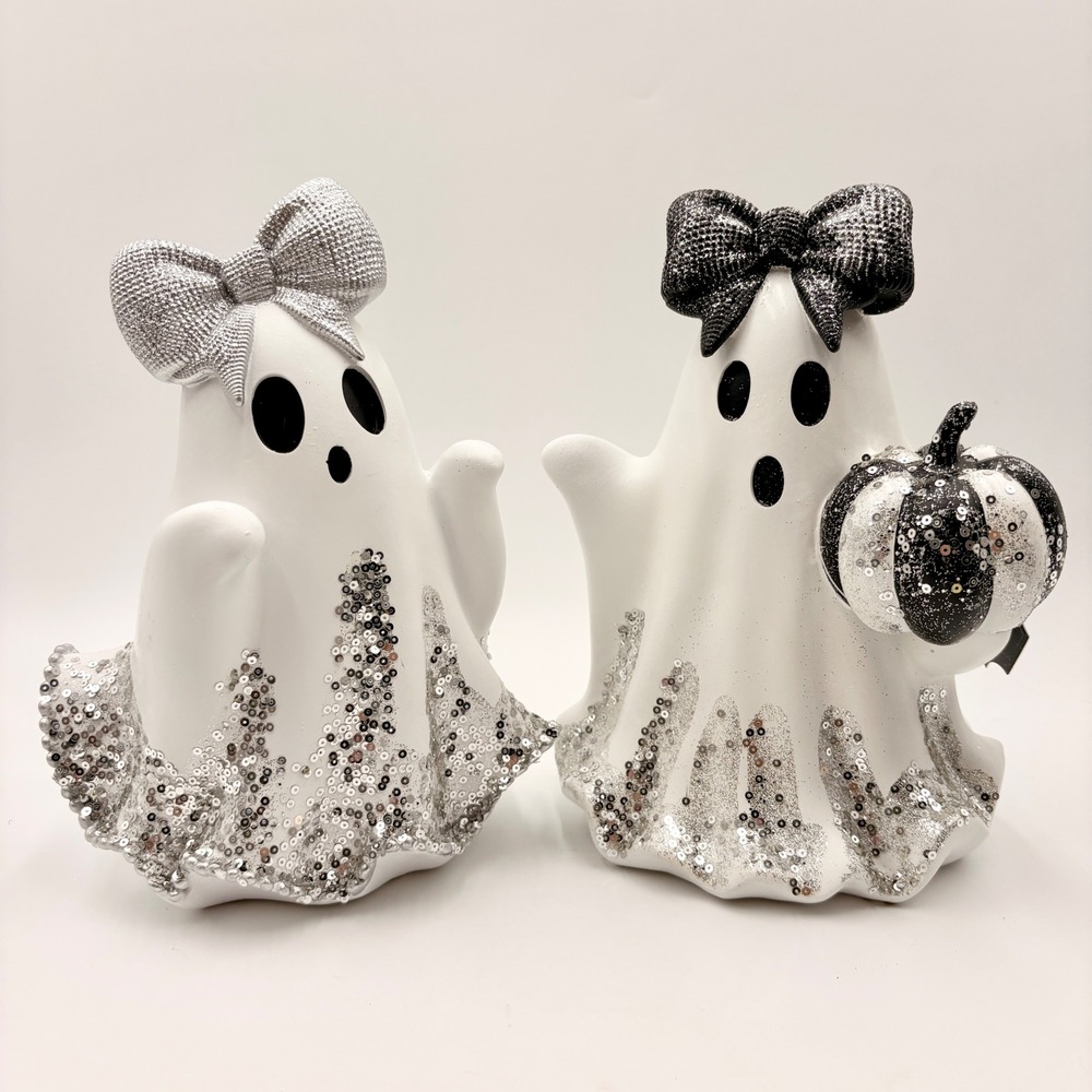 Bella Lux Halloween Sequin Ghost Figurine Set Silver Black Bows Pumpkin 2pc